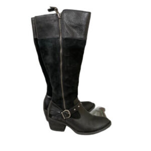 Born Tall Leather Riding Boots women 6.5 M Black Knee High Harness flaw *